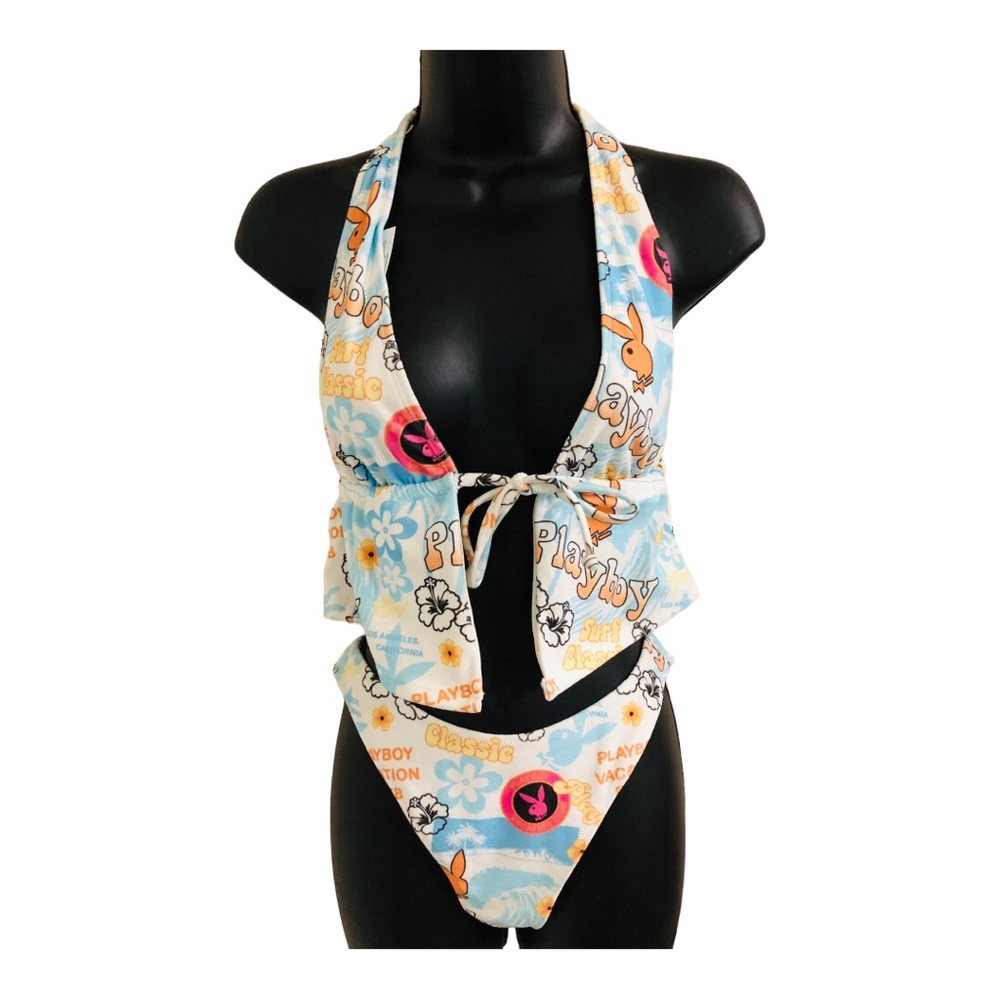 Playboy by PacSun halter front tie surf velour monogram bunny bikini size Small